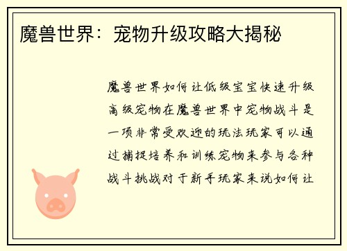 魔兽世界：宠物升级攻略大揭秘